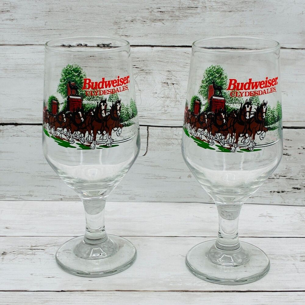 Vintage 1991 Budweiser Clydesdales Holiday Goblet Glasses Set of 2